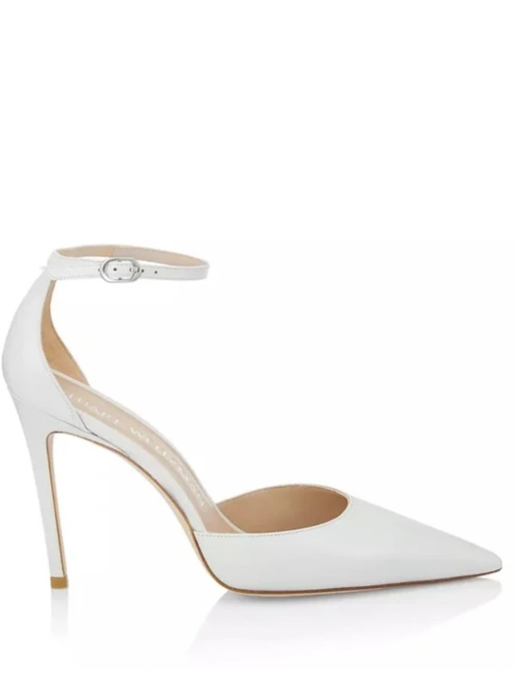Stuart Weitzman 100 White Leather Pointed Toe Pump with Ankle Strap